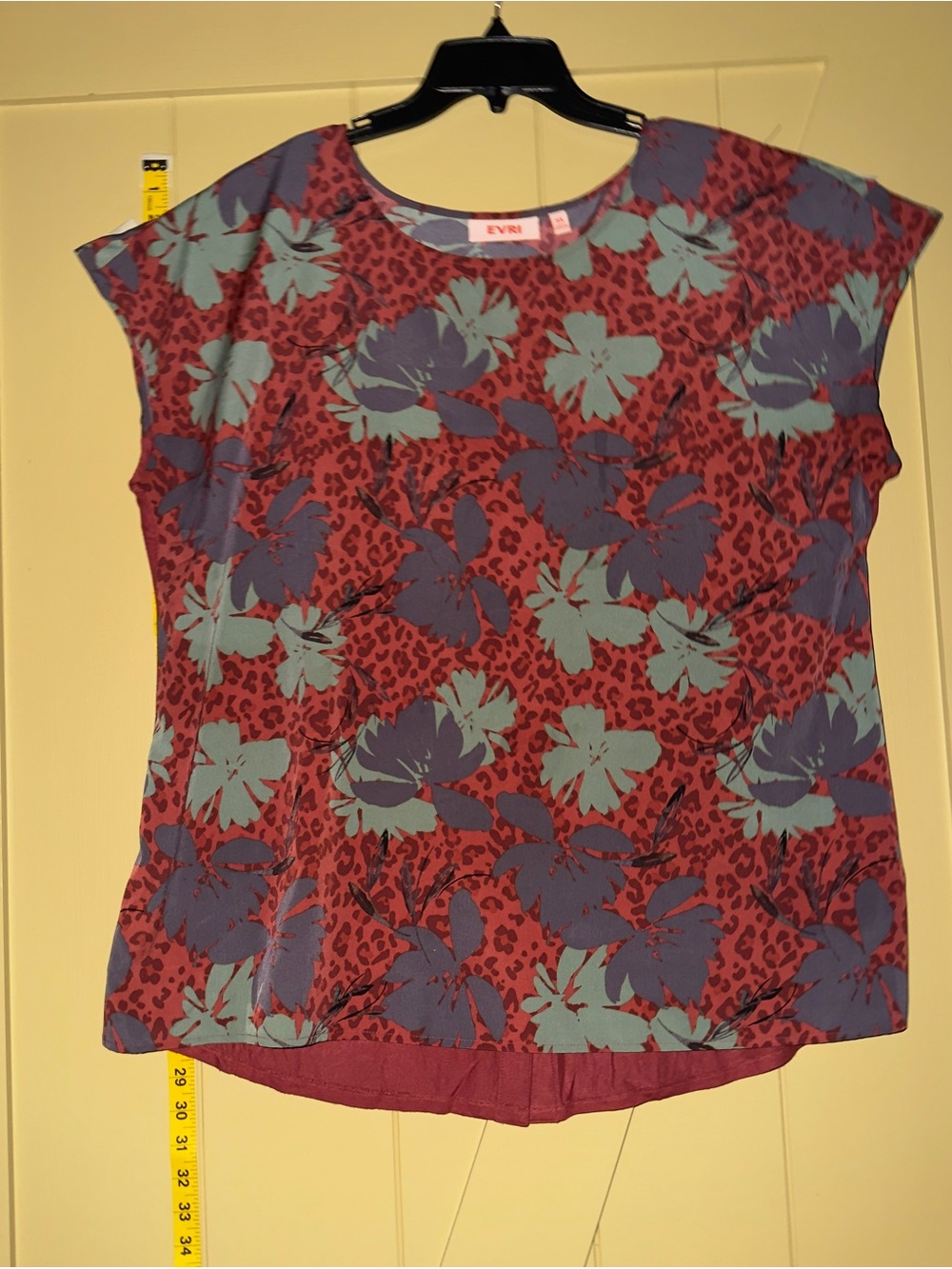 EVRI Burgundy Floral Cap Sleeve Blouse with Teal and Purple Accents